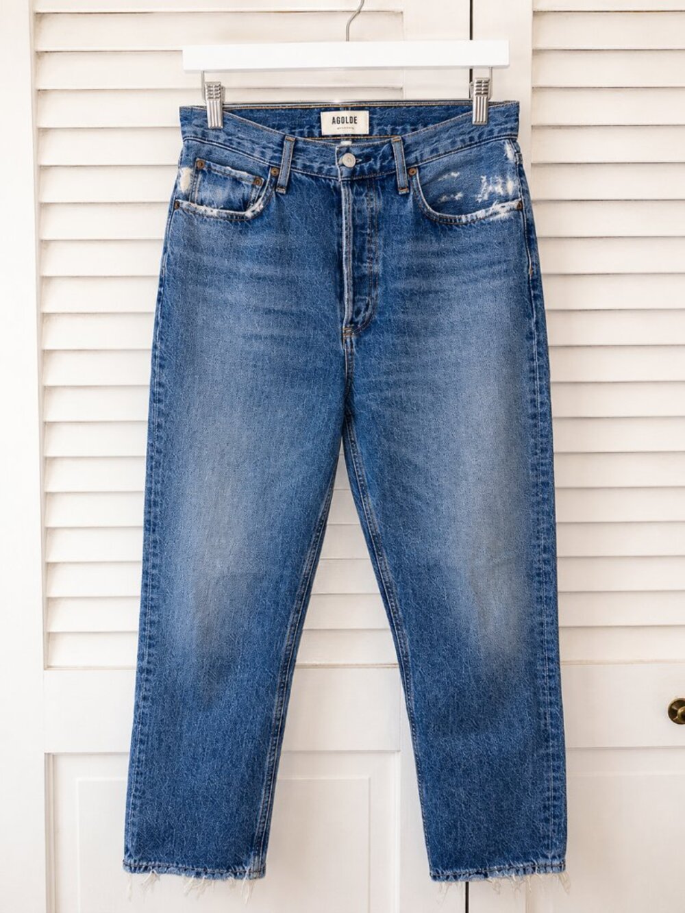 AGOLDE Riley Crop Straight Leg Jeans 27 High Rise Raw Hem Distressed Denim - Picture 2 of 5